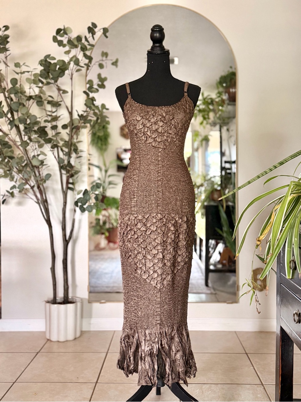 Vintage Y2K Bronze Popcorn Textured Mermaid Maxi Metallic Bodycon Slip Dress